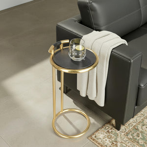 Frederica Modern Leather and Metal Round C-Shaped Side Table