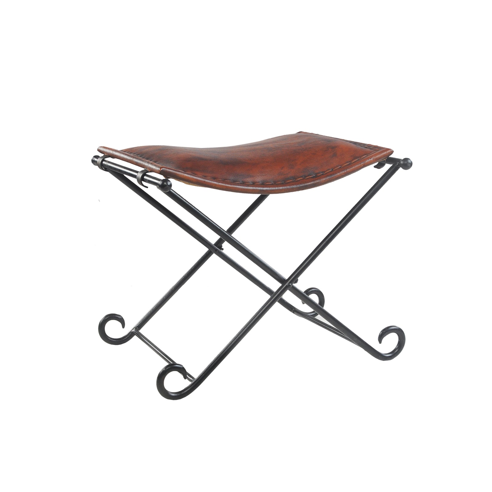 Theo Brown Leather Industrial Accent Stool with Iron Legs