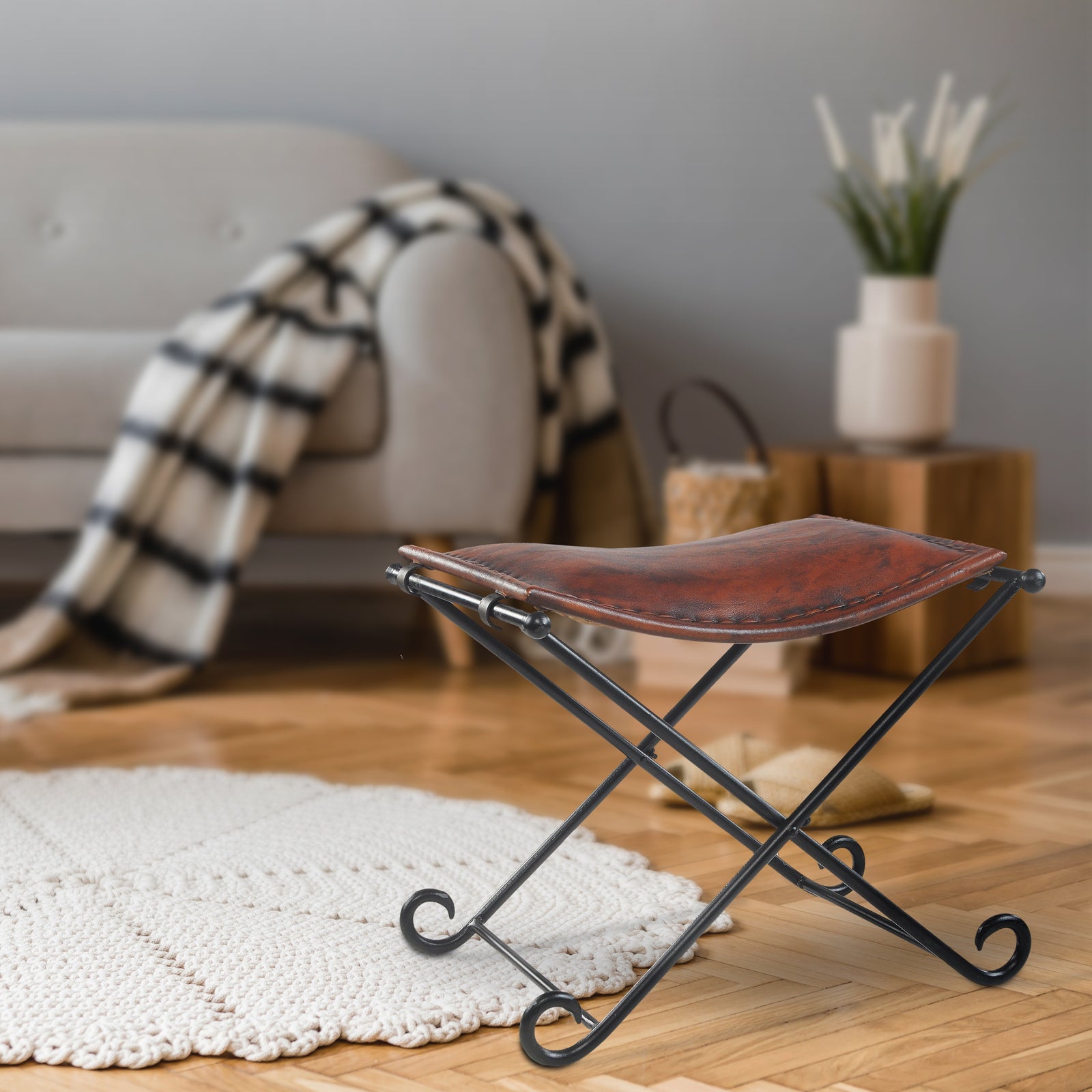 Theo Brown Leather Industrial Accent Stool with Iron Legs