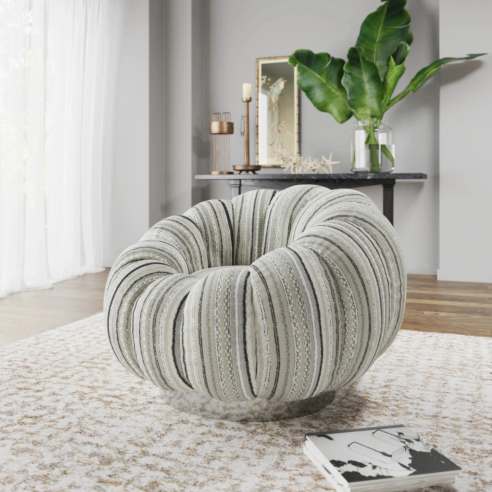 Lily Pumpkin Swivel Accent Chair Black Mixed Stripe