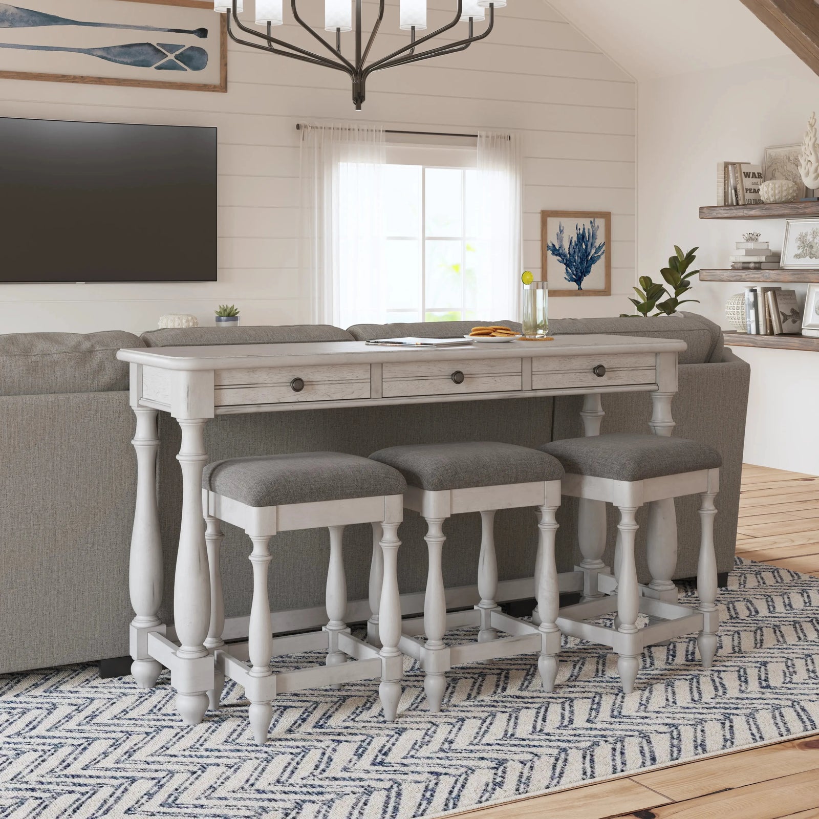New Haven Sofa Table With Three Stools Oyster Shell