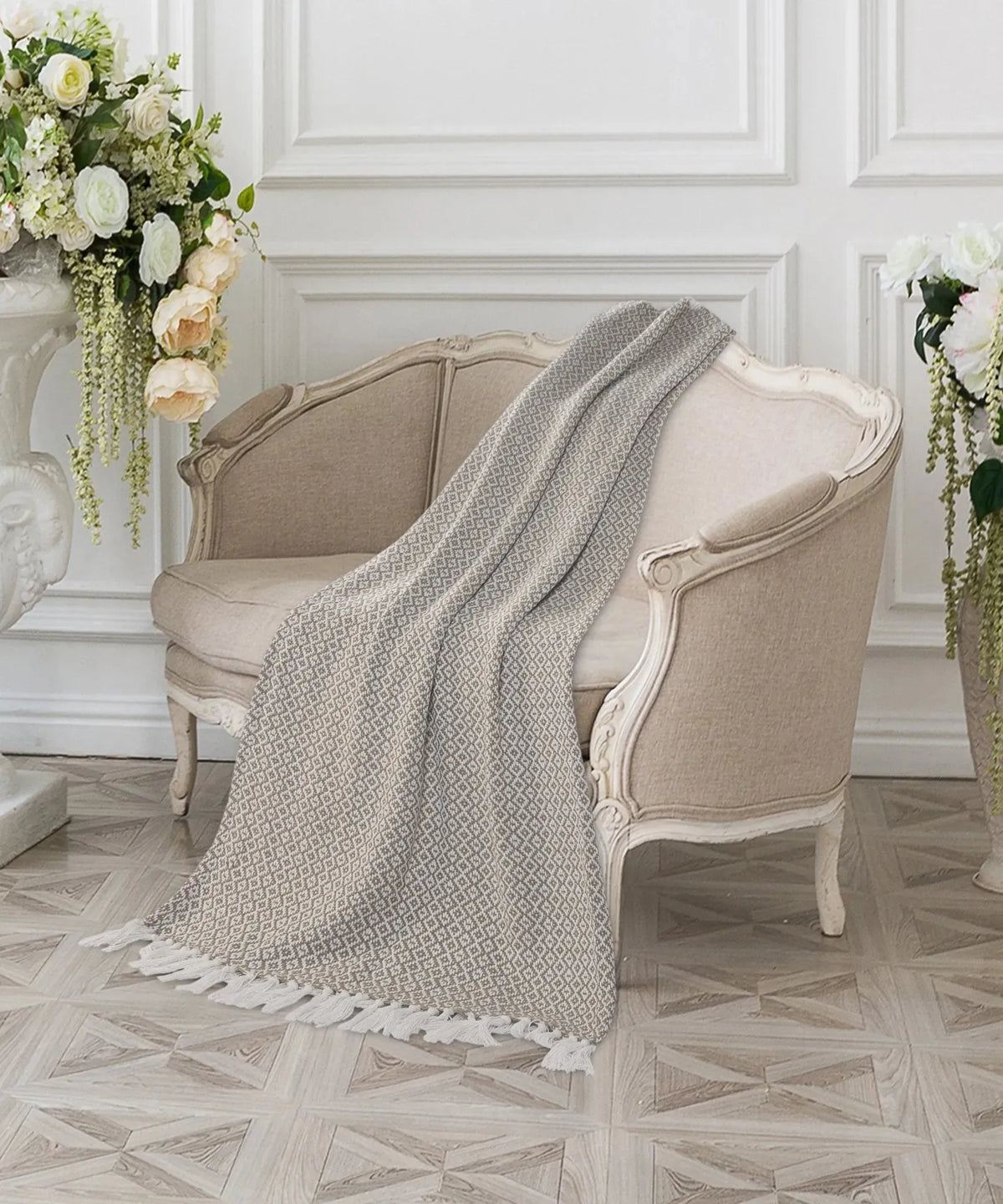 Beige and Ivory Diamonds Fringe LR80180 Throw Blanket