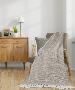 Beige and Ivory Diamonds Fringe LR80180 Throw Blanket