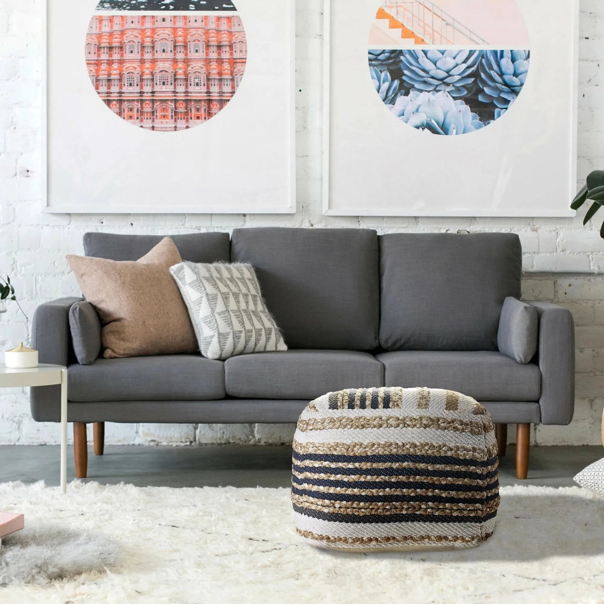 Classic Tri-Colored Natural Jute LR99757 Pouf