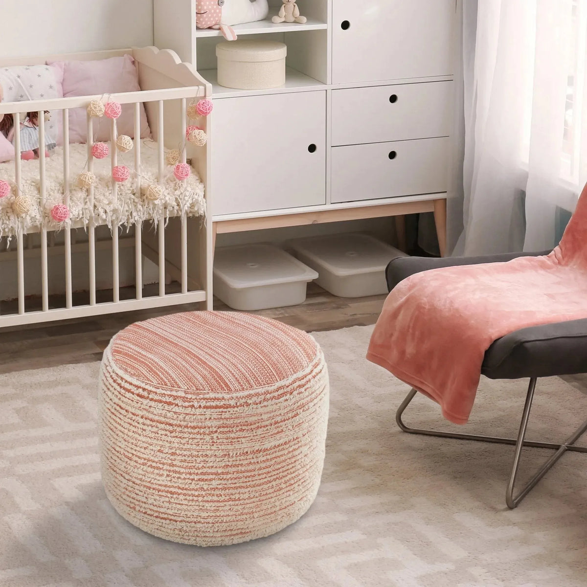 Flat Weave Lr34025 Coral/White Pouf