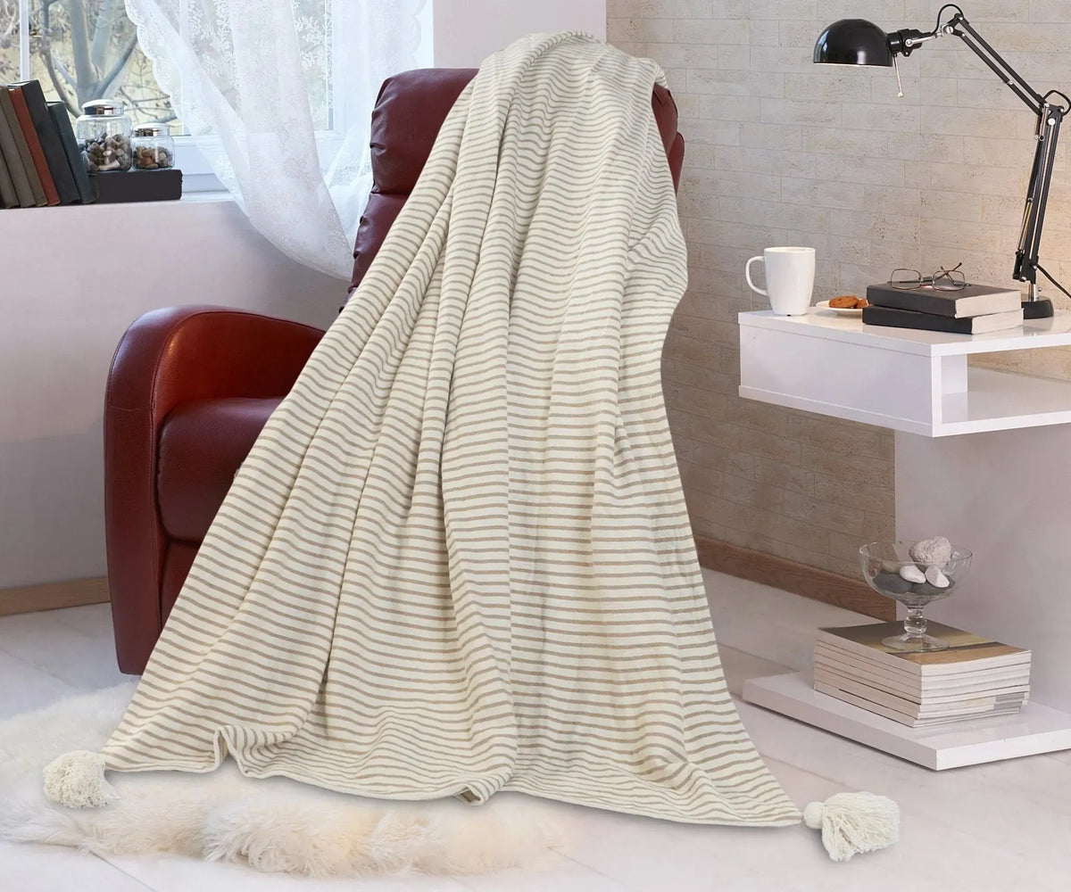 Gray and Ivory Striped Tasseled LR80178 Throw Blanket