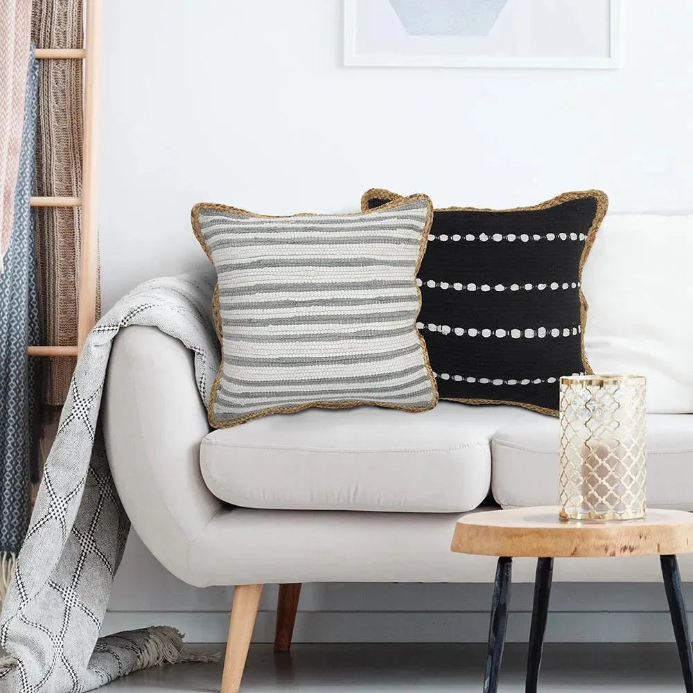 Gray and White Striped Jute Bordered LR099444 Throw Pillow