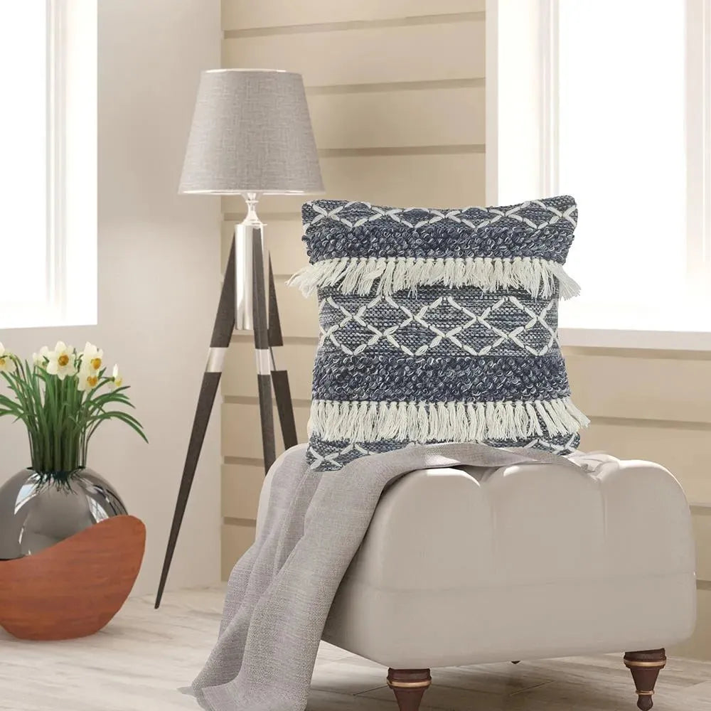 Navy and Ivory Textured with Fringe  LR07457 Throw Pillow