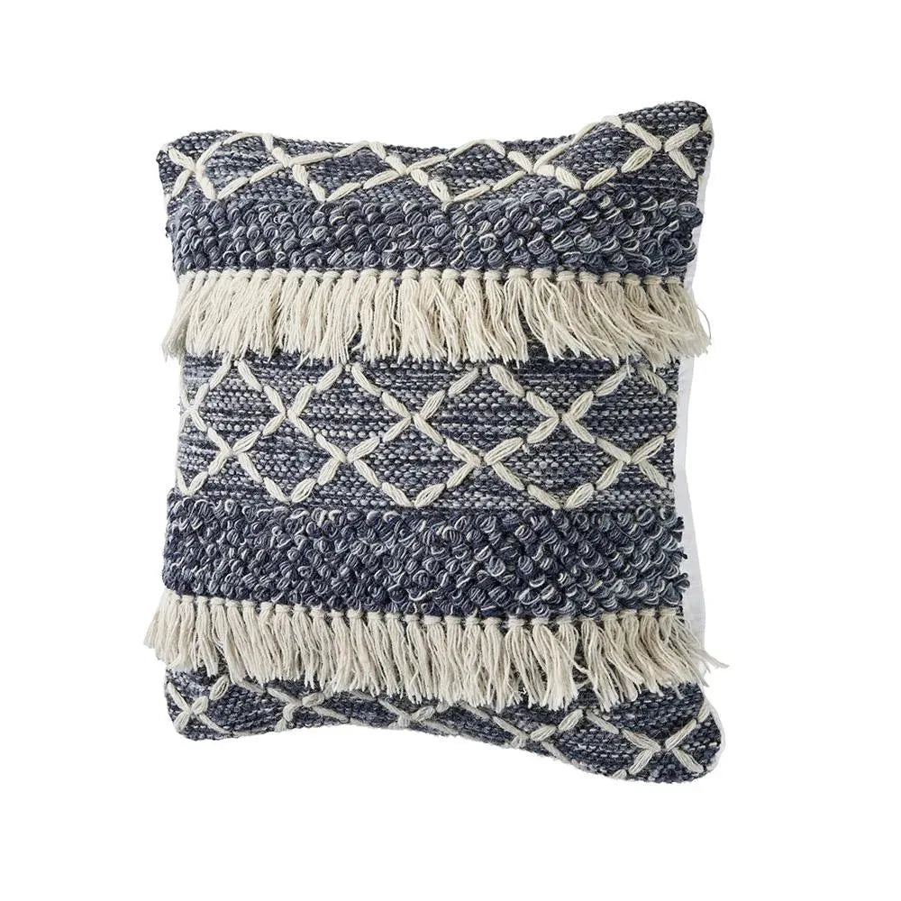 Navy and Ivory Textured with Fringe  LR07457 Throw Pillow