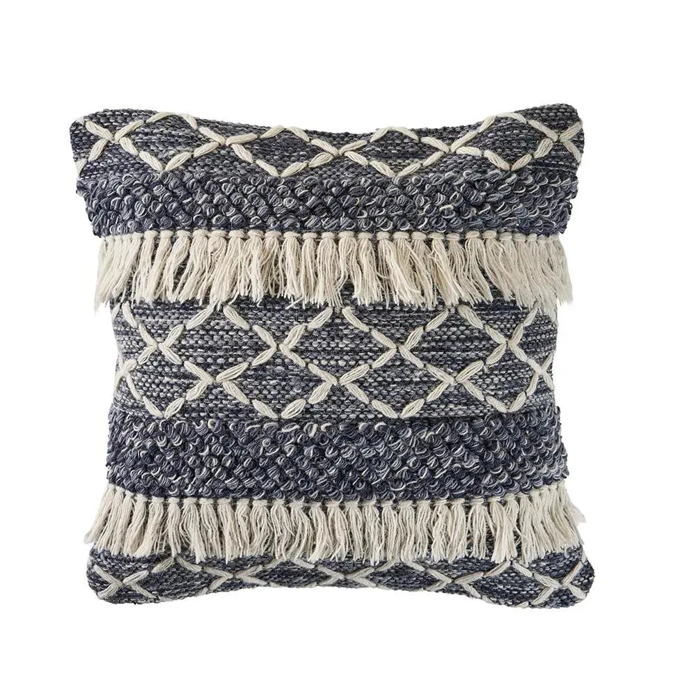 Navy and Ivory Textured with Fringe  LR07457 Throw Pillow