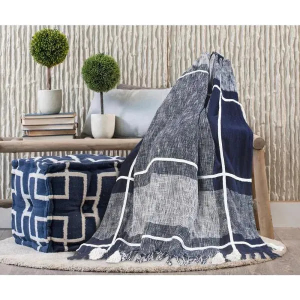 Navy and White Braided Plaid LR80167 Throw Blanket