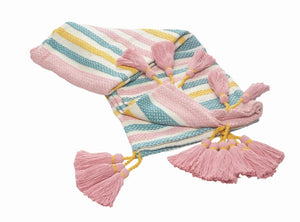 Pink, Blue, and Sunny Striped with Tassels LR80182 Throw Blanket