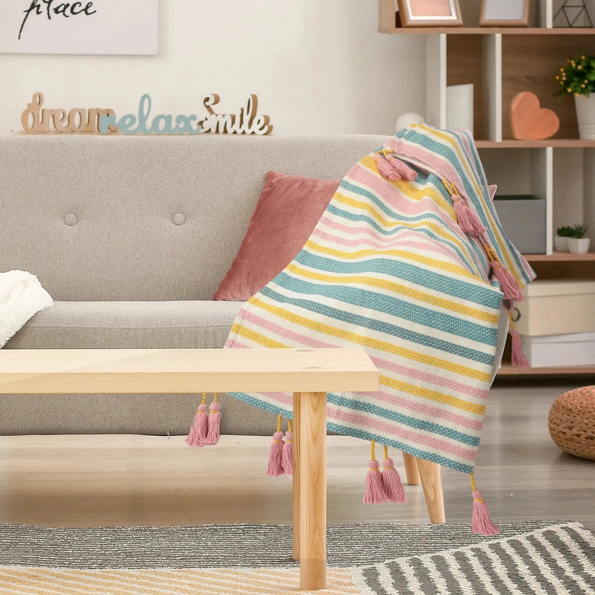 Pink, Blue, and Sunny Striped with Tassels LR80182 Throw Blanket