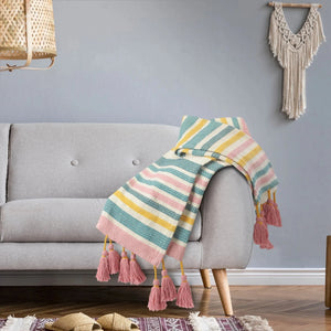 Pink, Blue, and Sunny Striped with Tassels LR80182 Throw Blanket
