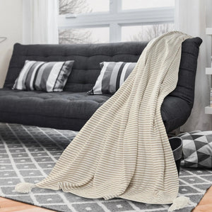 Striped Ivory and Beige Tasseled LR80178 Throw Blanket