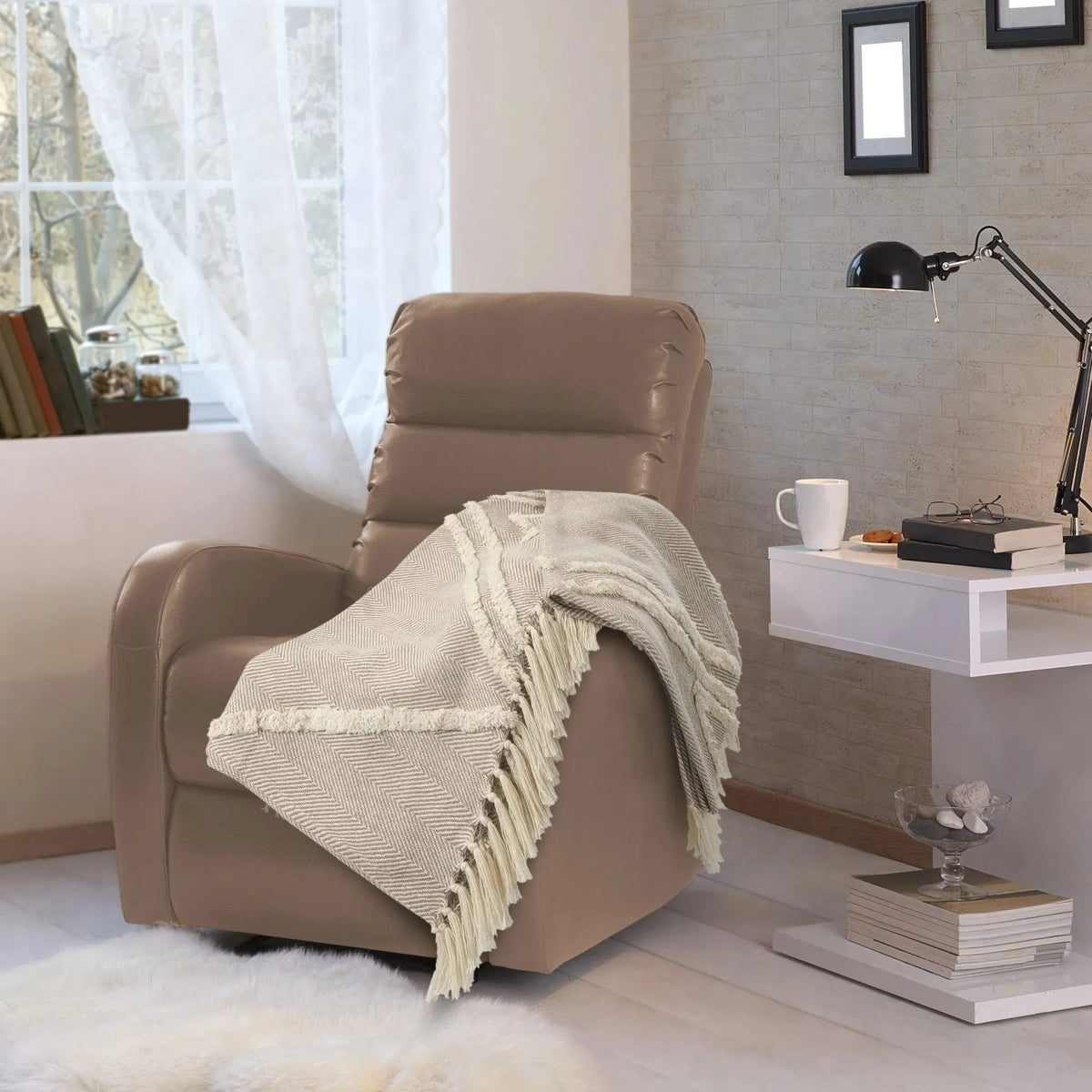 Tufted Geometric Beige and Cream with Fringe LR8018 Throw Blanket