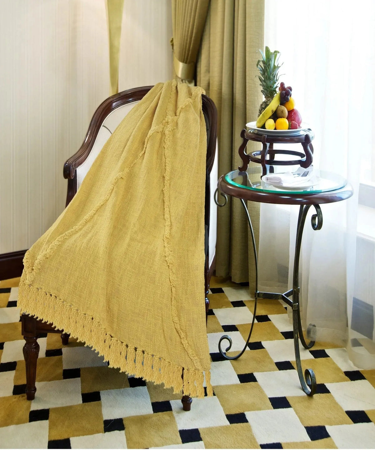 Yellow Tufted and Fringed  LR80177 Throw Blanket