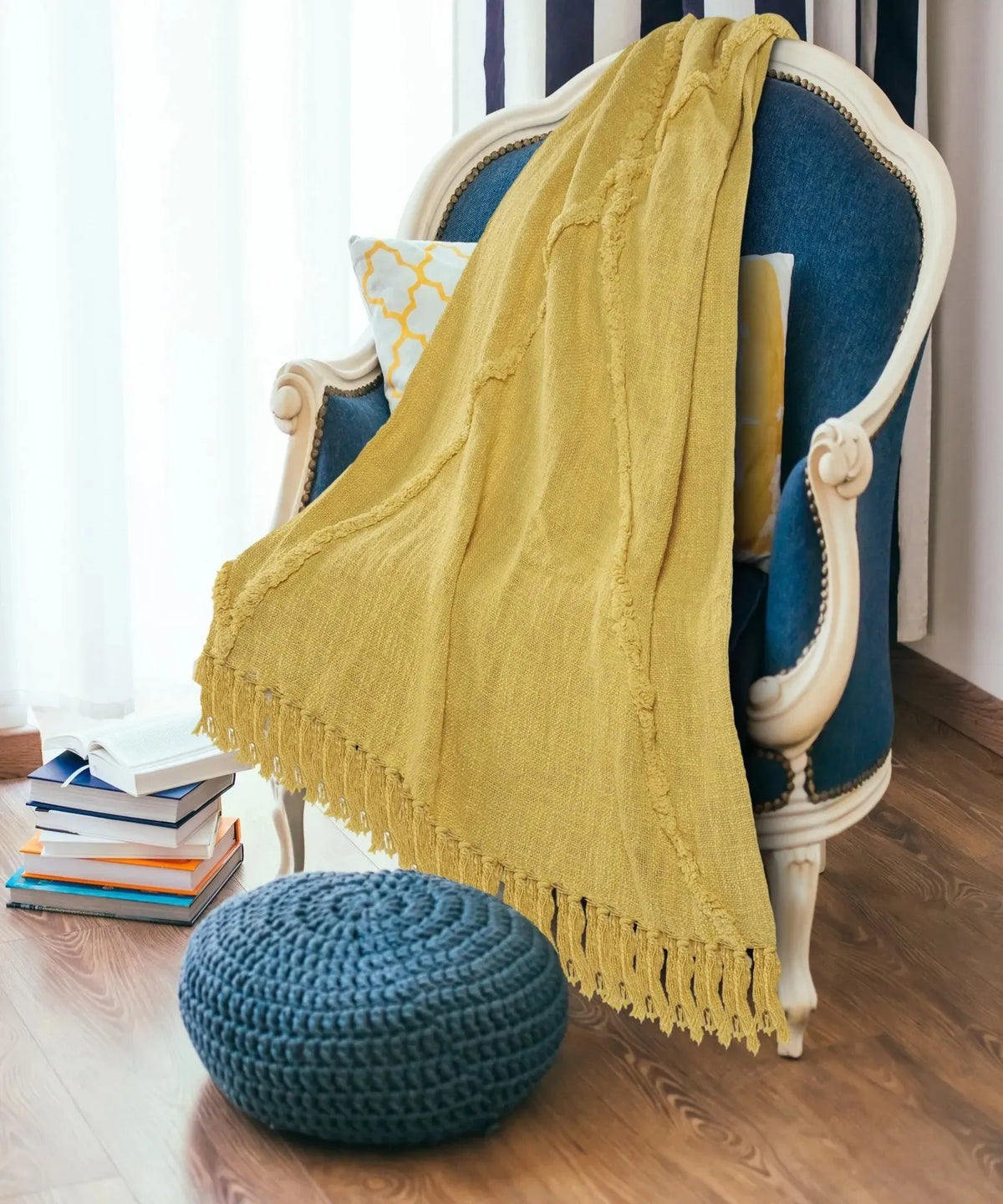 Yellow Tufted and Fringed  LR80177 Throw Blanket