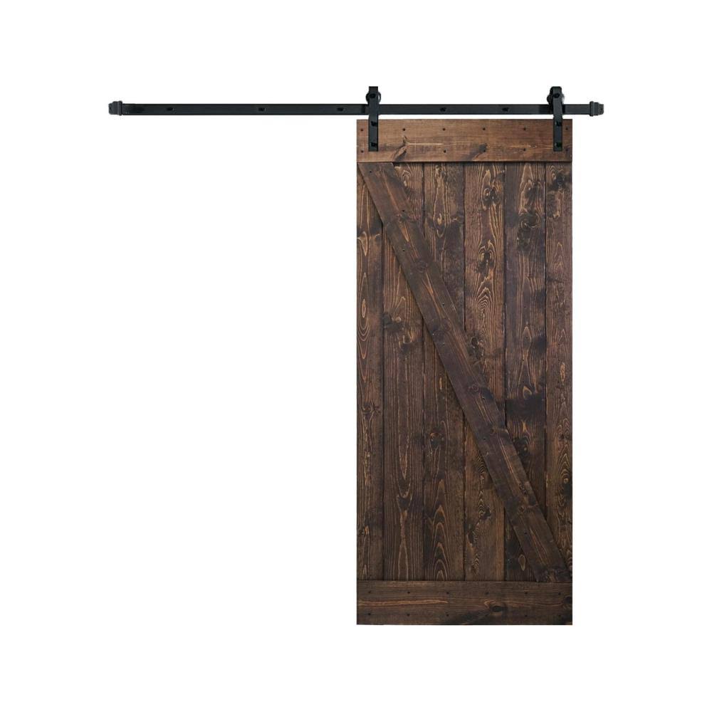 WELLHOME Z Series 36 in. x 84 in. DIY Kona Coffee Finished Knotty Pine Wood Sliding Barn Door with Hardware Kit IH_TP3WT6HL