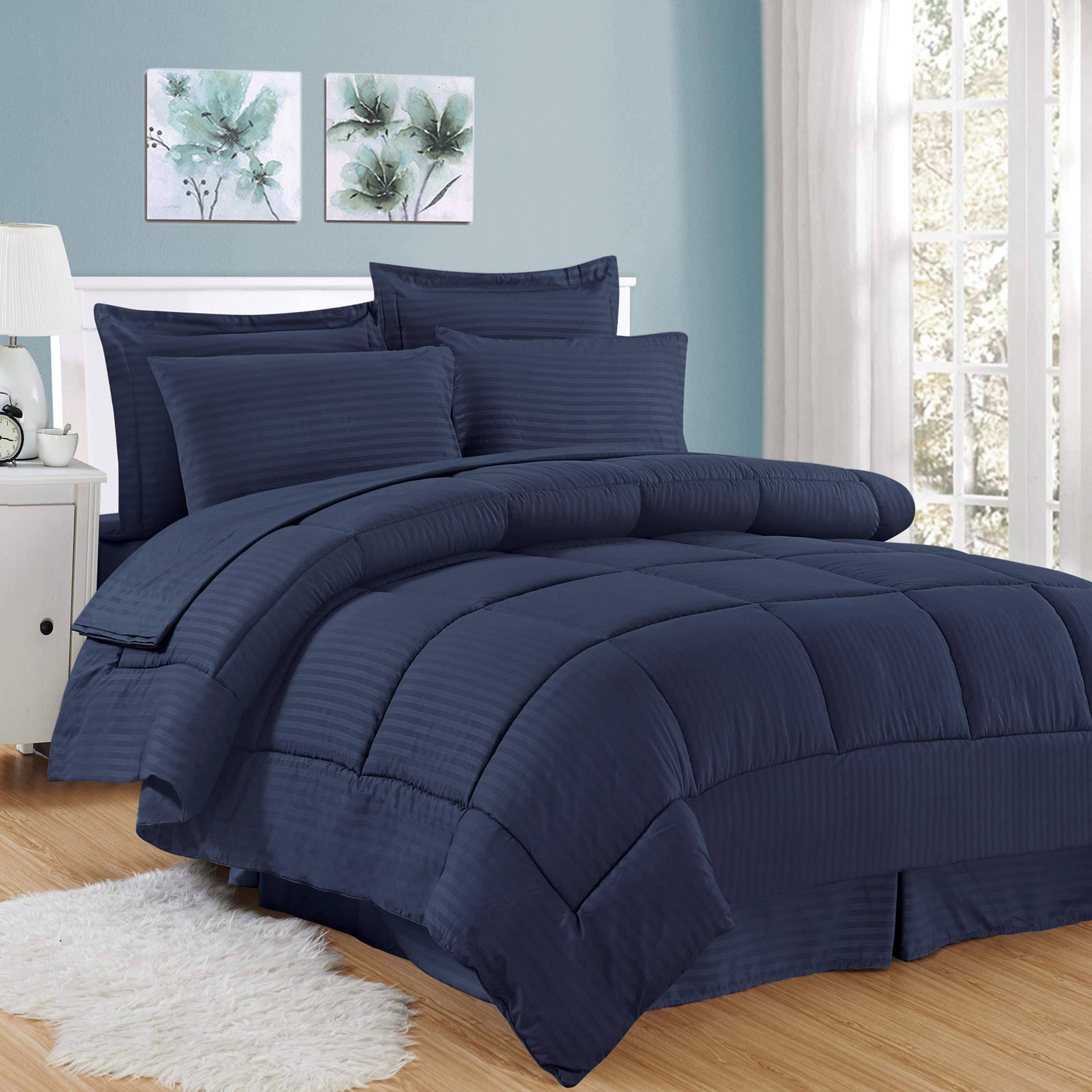 Sweet Home Collection 8 Piece Bed in A Bag with Dobby Stripe Comforter, Sheet Set, Bed Skirt, and Sham Set - Queen - Navy PI_RXGB0WCS