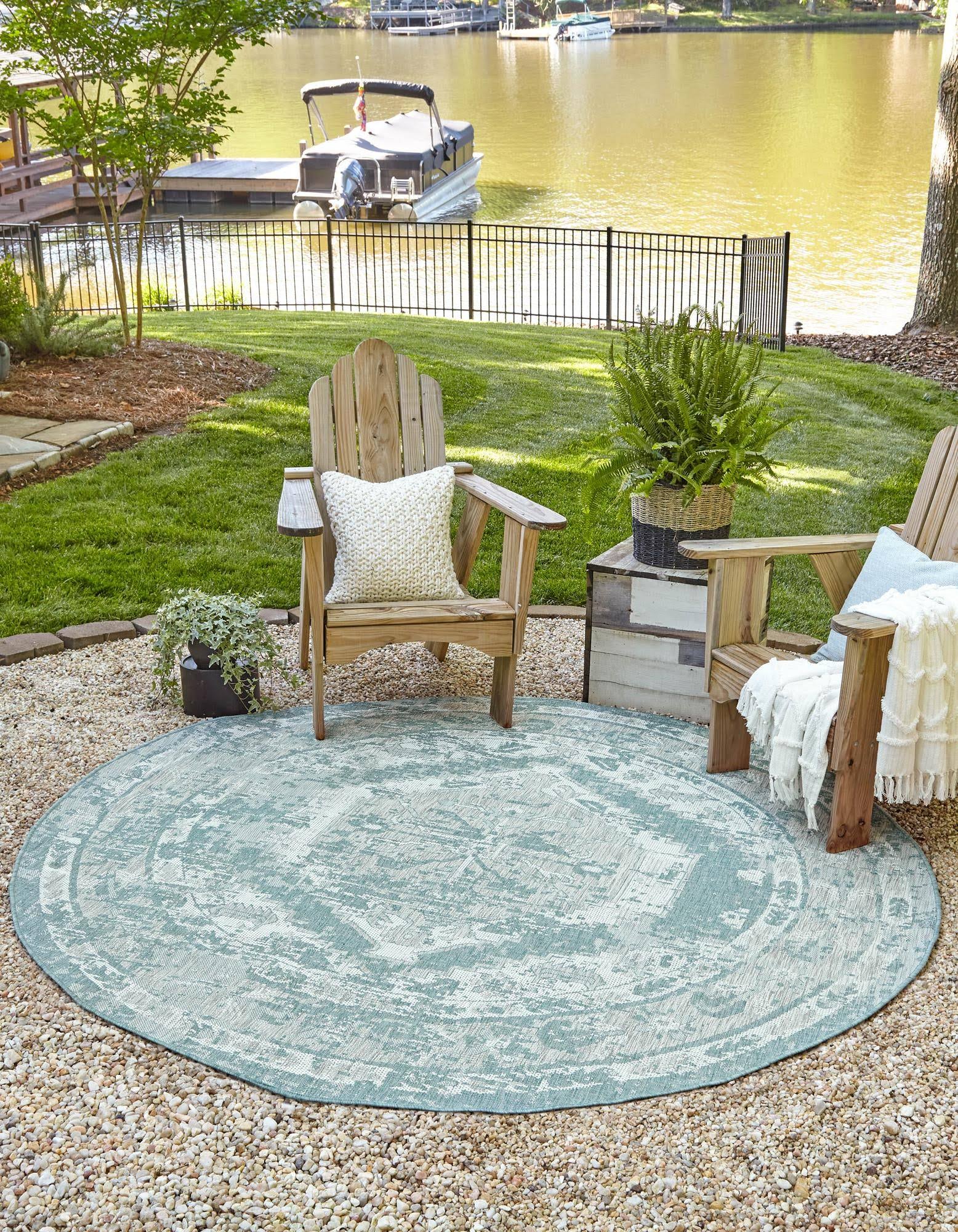 Outdoor Traditional 5 ft Round Aqua Blue Floral Area Rug Indoor Outdoor Rug NI_BNRNVNVP
