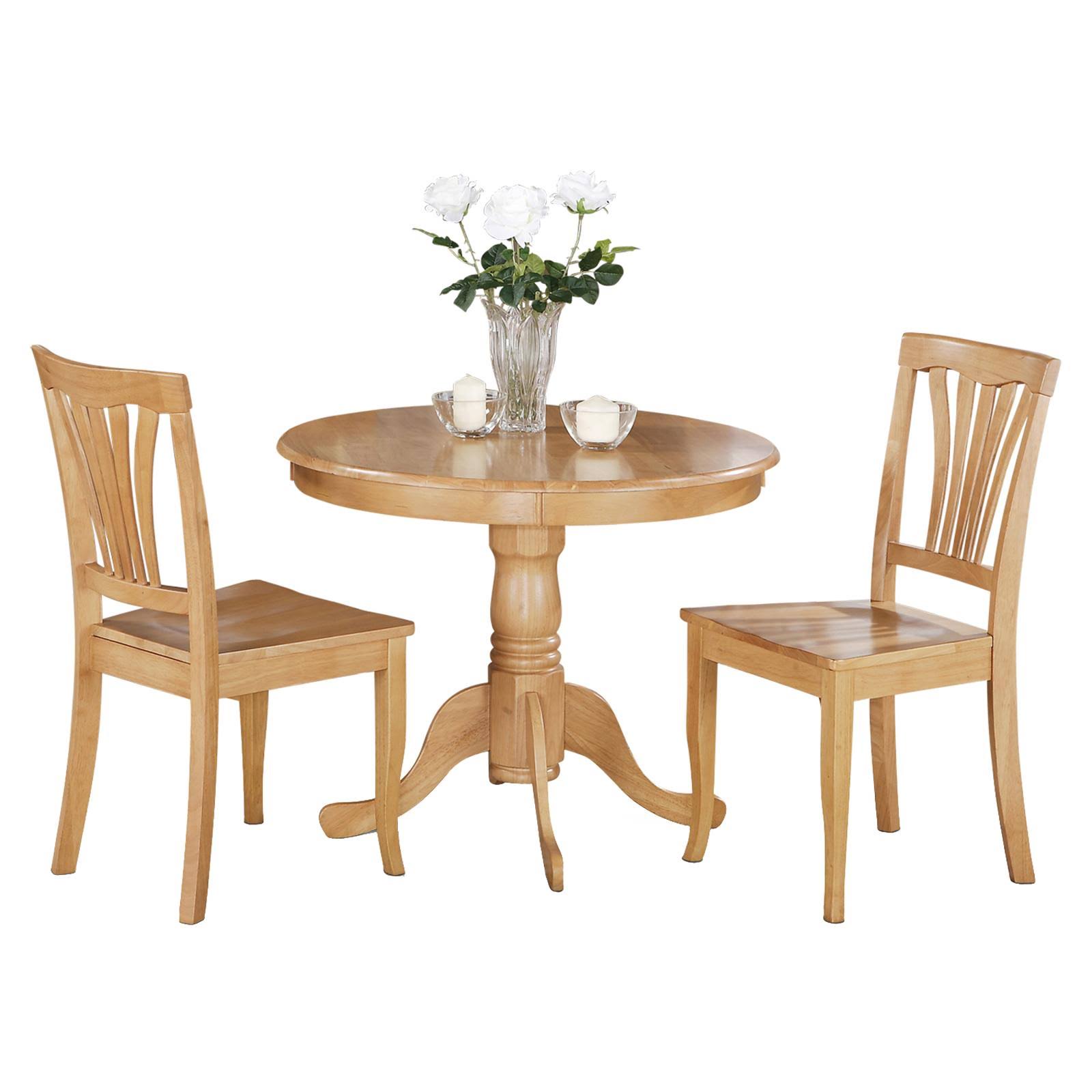 East West Furniture Antique 3 Piece Pedestal Round Dining Table Set with Avon Wooden Seat Chairs, Size Small, Brown VH_UZWUWLNG