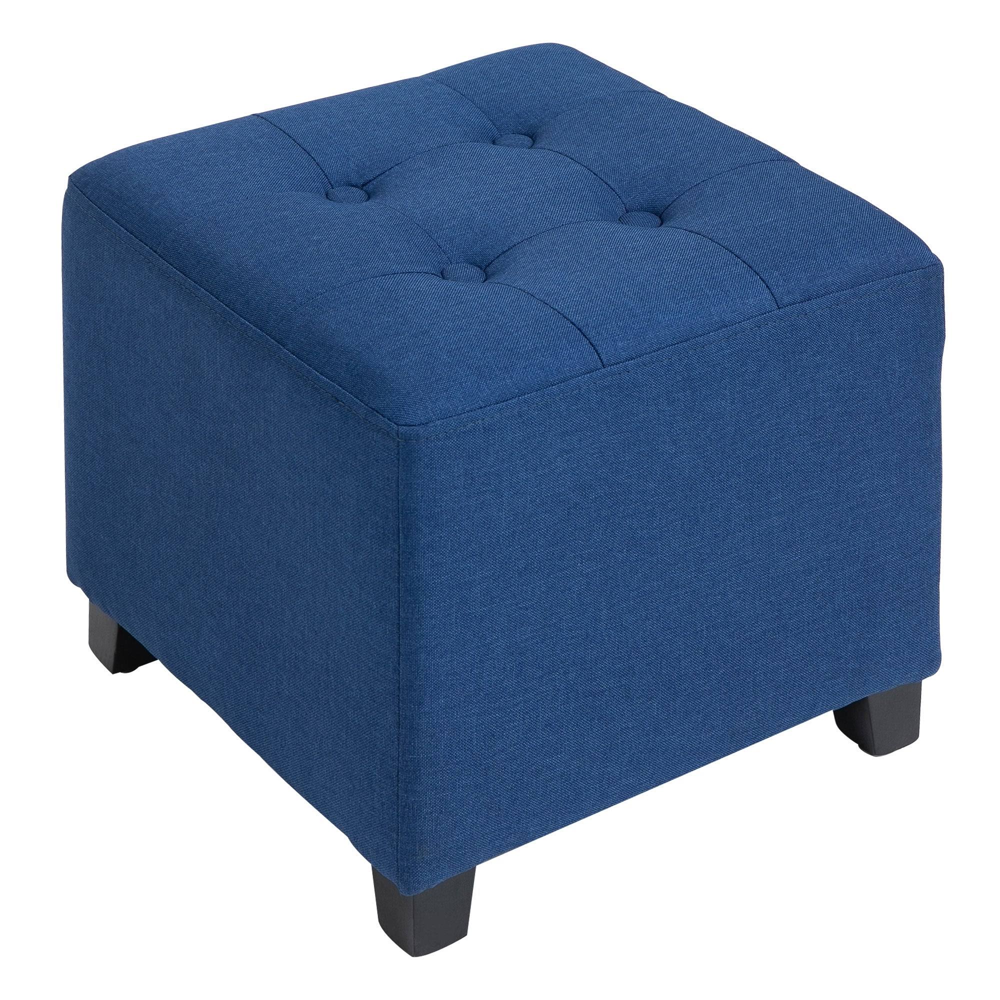 HOMCOM Tufted Ottoman Linen-Touch Fabric Upholstered Footrest Stool with Anti-Slip Pads - Blue FH_YBGF8GIW