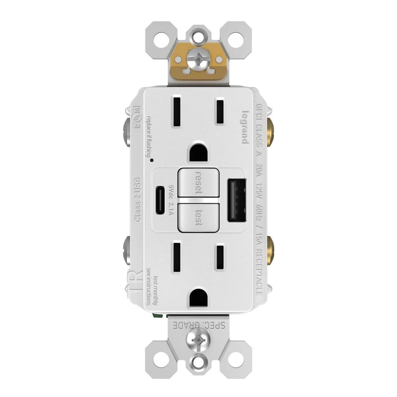 Legrand 1597TRUSBAC Radiant 15A Tamper-Resistant Self-Test GFCI USB Type-A/C Outlet -, White XE_4EUZOZ7L