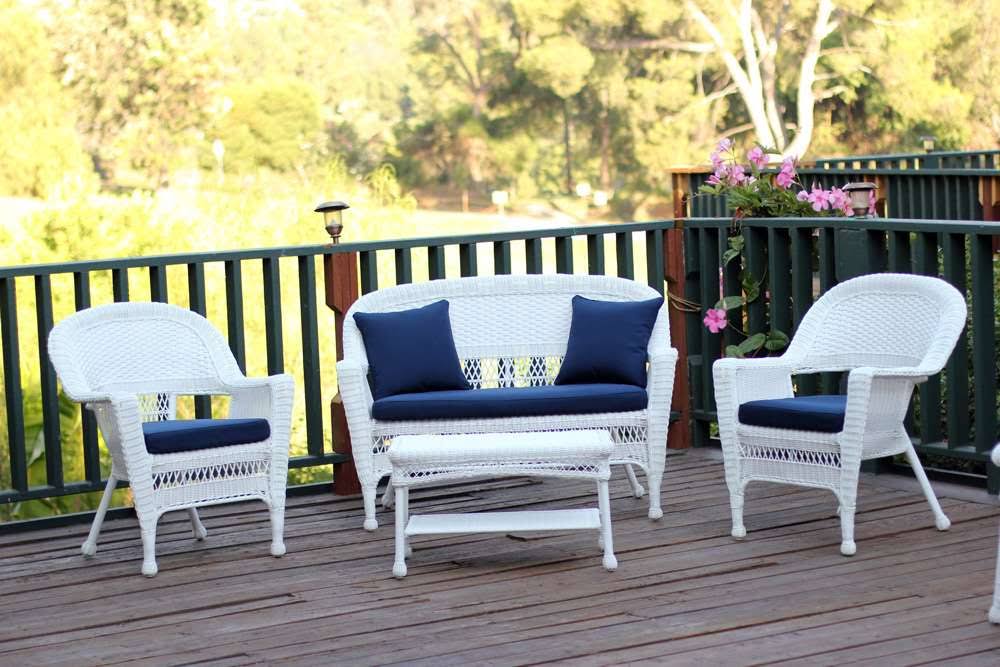 Jeco W00206-G-FS011 4 Piece White Wicker Conversation Set - Navy Blue Cushions 4Q_W35BBWZI