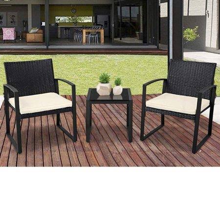Suncrown Outdoor Furniture 3 Piece Patio Bistro Set Black Wicker Chairs and Glass Top Coffee Table, beige-White Cushion IG_HXY825JN
