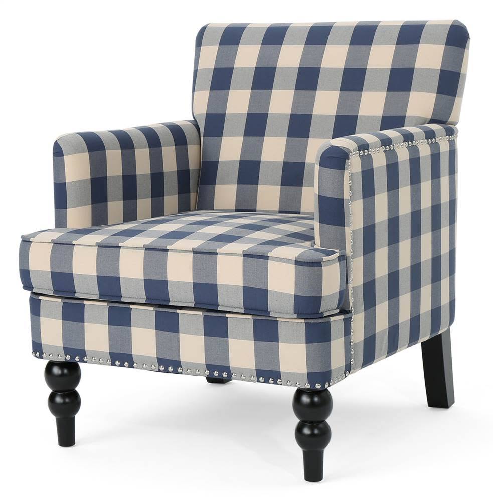 Noble House Harrison Club Chair in Blue Checkerboard and Dark Brown LR_FNDTMPKN