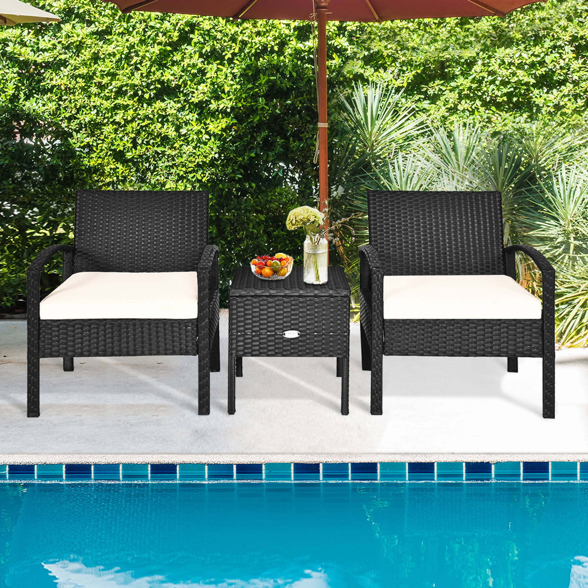 Gymax 3pcs Rattan Patio Conversation Set Outdoor Furniture Set w/ Storage Table DT_EWYZGNEU