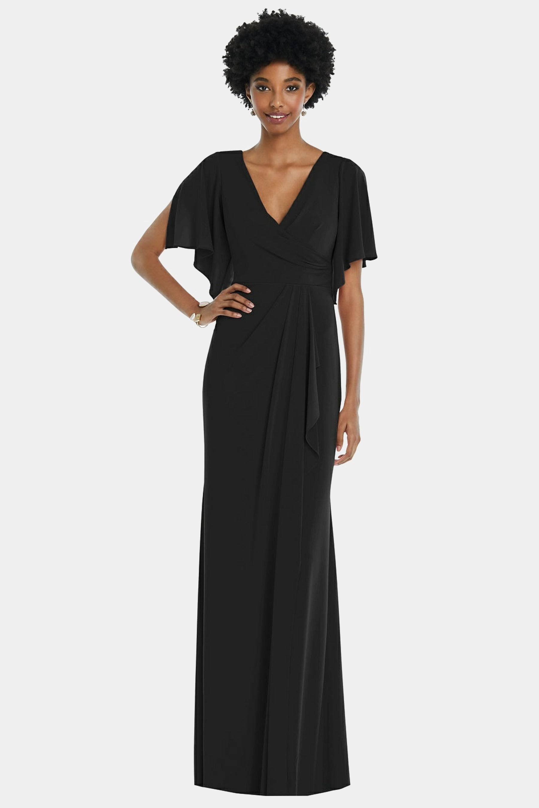 Dessy Collection Faux Wrap Split Sleeve Maxi Dress With Cascade Skirt - 3107 - Black - QG_NCZJIEXS