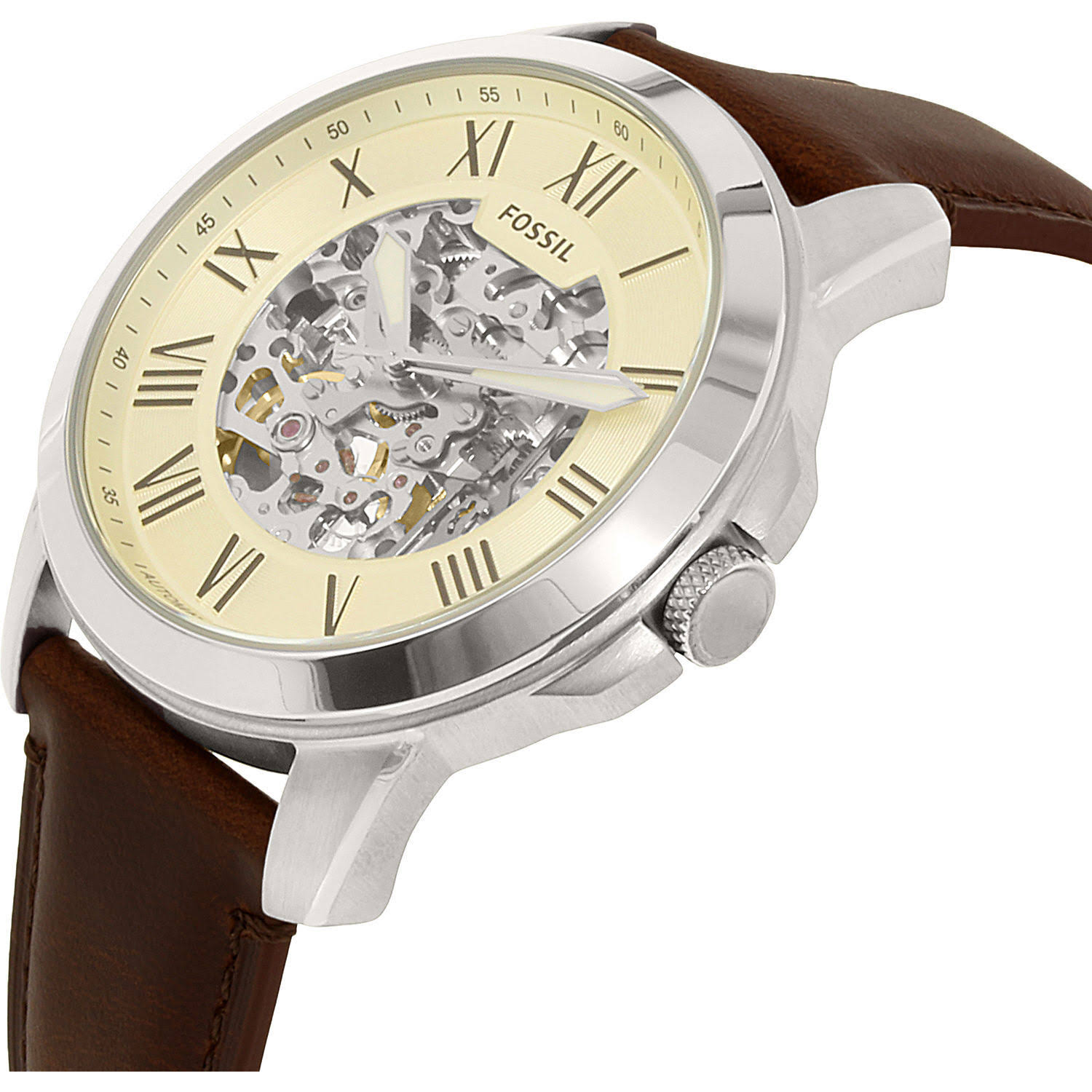 Fossil Men's Grant Me3099 Silver Leather Automatic GZ_RJSJOKQG
