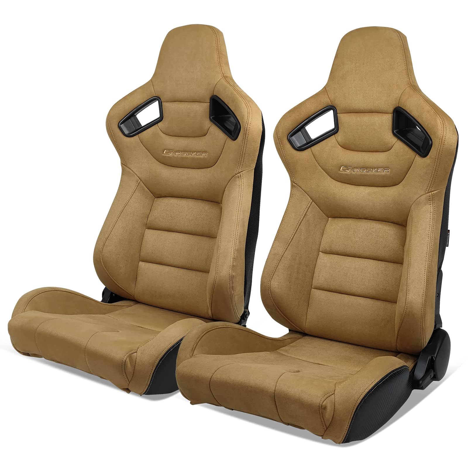 Ikon Motorsports, Universal Racing Seats Pair With Dual Sliders, Brown Pu & Carbon Leather Reclinable Left LA_RIUFWJ61