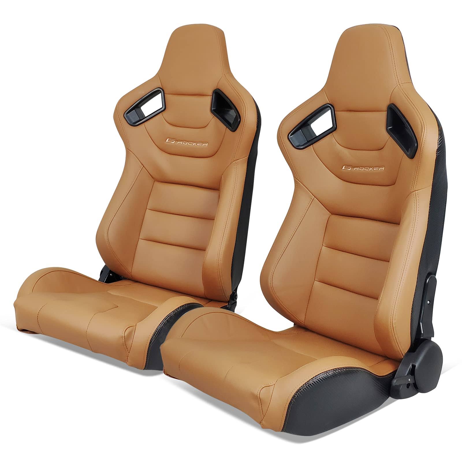 Ikon Motorsports, Universal Racing Seats Pair With Dual Sliders, Brown Pu & Carbon Leather Reclinable Left LA_RIUFWJ61