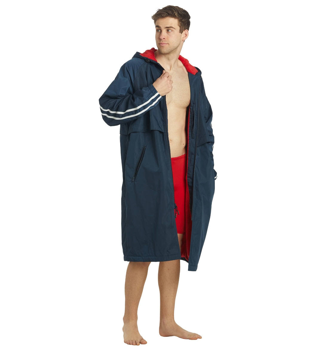 Sporti Striped Comfort Fleece-Lined Swim Parka - Navy Shell/Red Lining Medium Coat | Polyester - Swimoutlet.NZ_GOZNCRN2