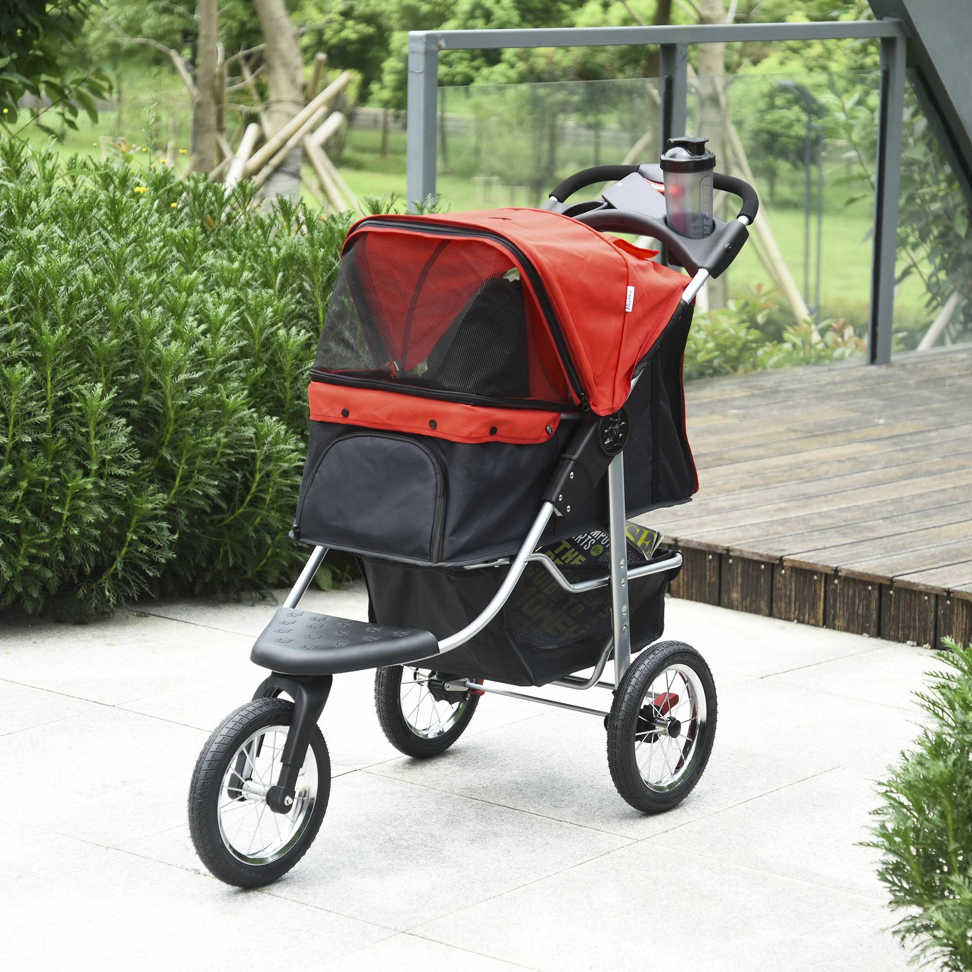 Pawhut Luxury Folding Pet Stroller Dog/Cat Travel Carriage With Adjustable Canopy & A Zippered Mesh Window Door - 6U_HRE5GVAC