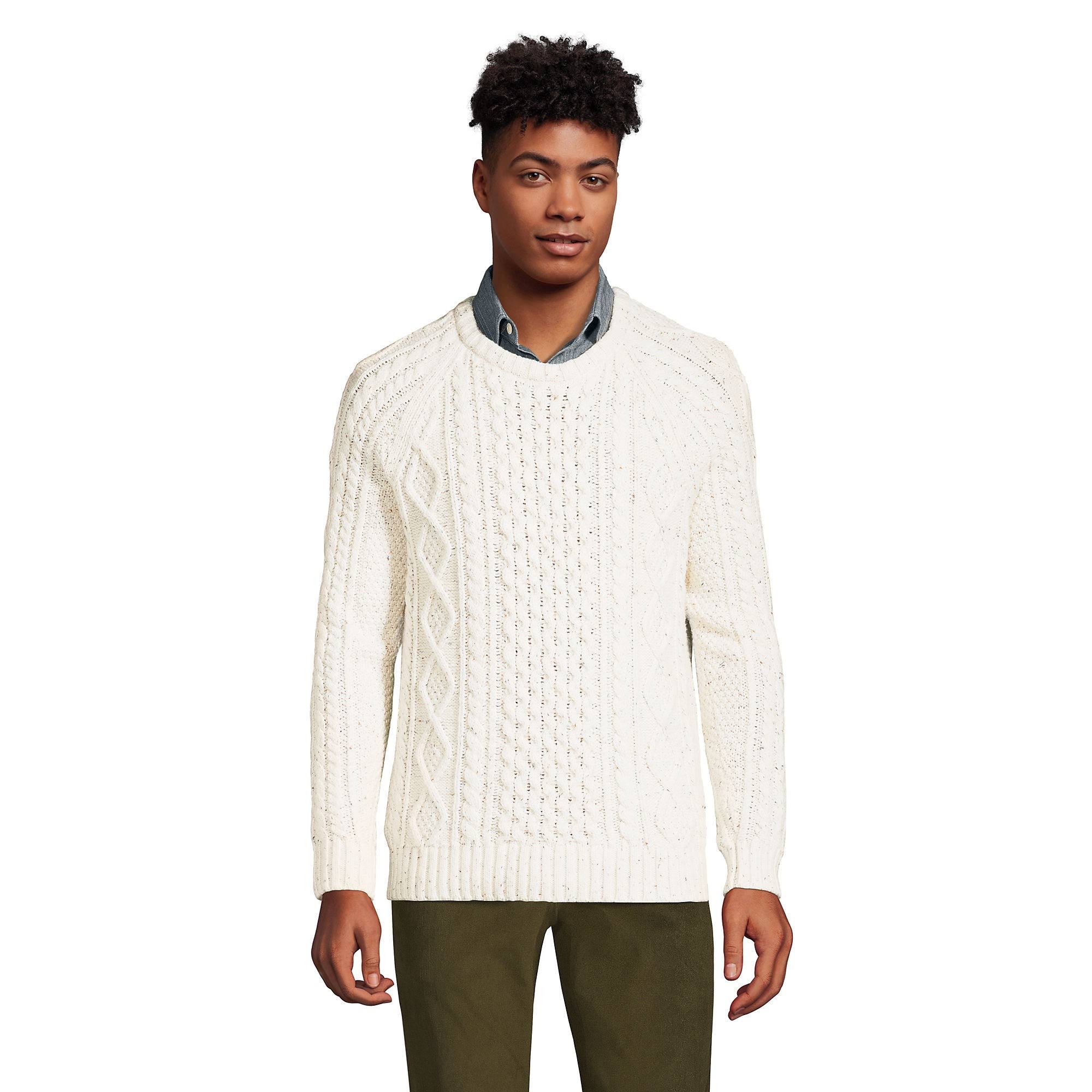 Lands' End Men's Cotton Blend Aran Cable Crew Neck Sweater - Antique Alabaster AI_7DC9IPXX