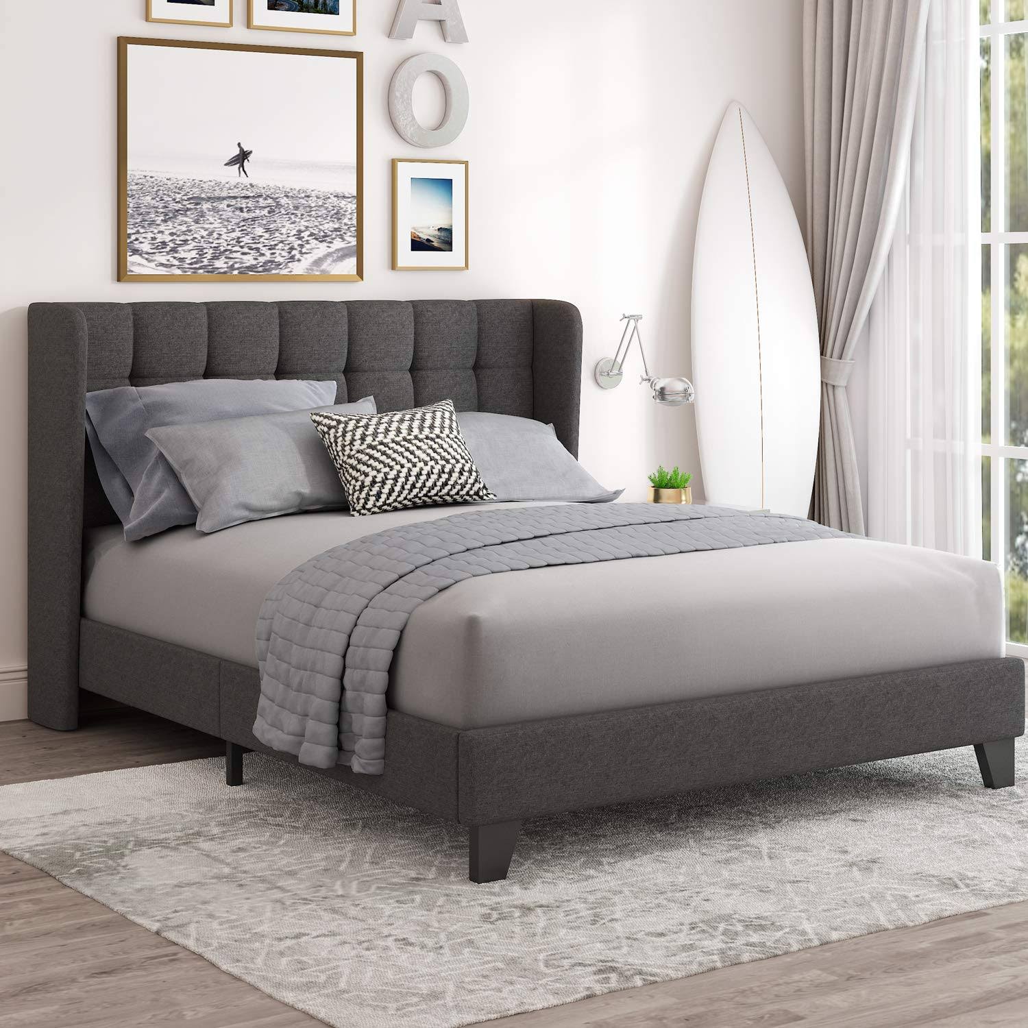Einfach Queen Upholstered Wingback Platform Bed Frame With Headboardmattress Foundation With Wood Slat Support And Square SE_BV4DMPCR