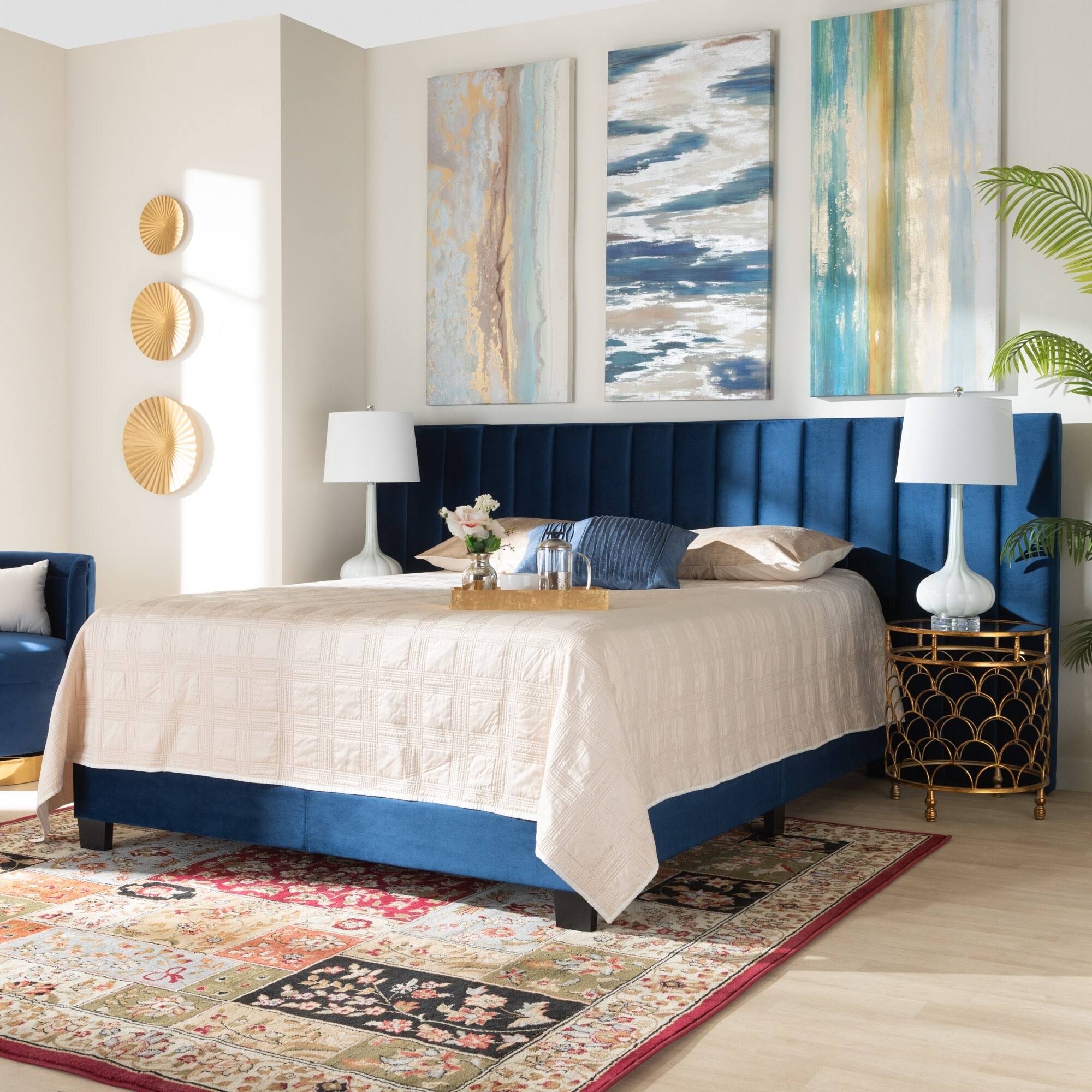 Baxton Studio Fiorenza Glam And Luxe Navy Blue Velvet Fabric Upholstered Queen Size Panel Bed With Extra Wide Channel Tufted ER_HOVEDIRD