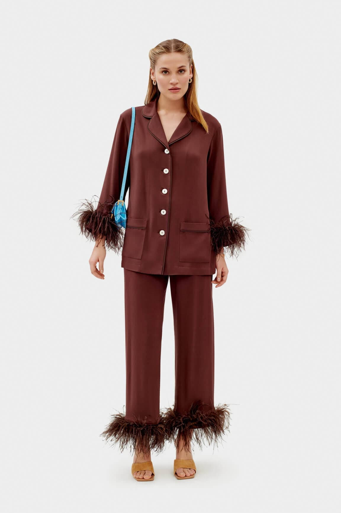 Sleeper Party Pajamas With Detachable Ostrich Feather Trim In E2_LX2HSF92