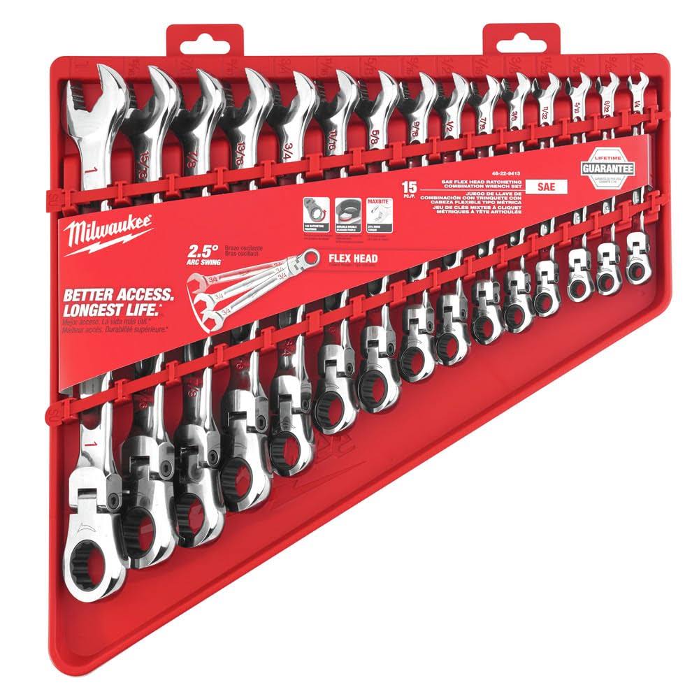 Milwaukee Flex Head Ratcheting Combination Wrench Set Bundel - 2 Items - Metric (8mm - 22mm) - Sae (1/4 - 1) 48-22-9513 48-22-6H_CLNTWMYK