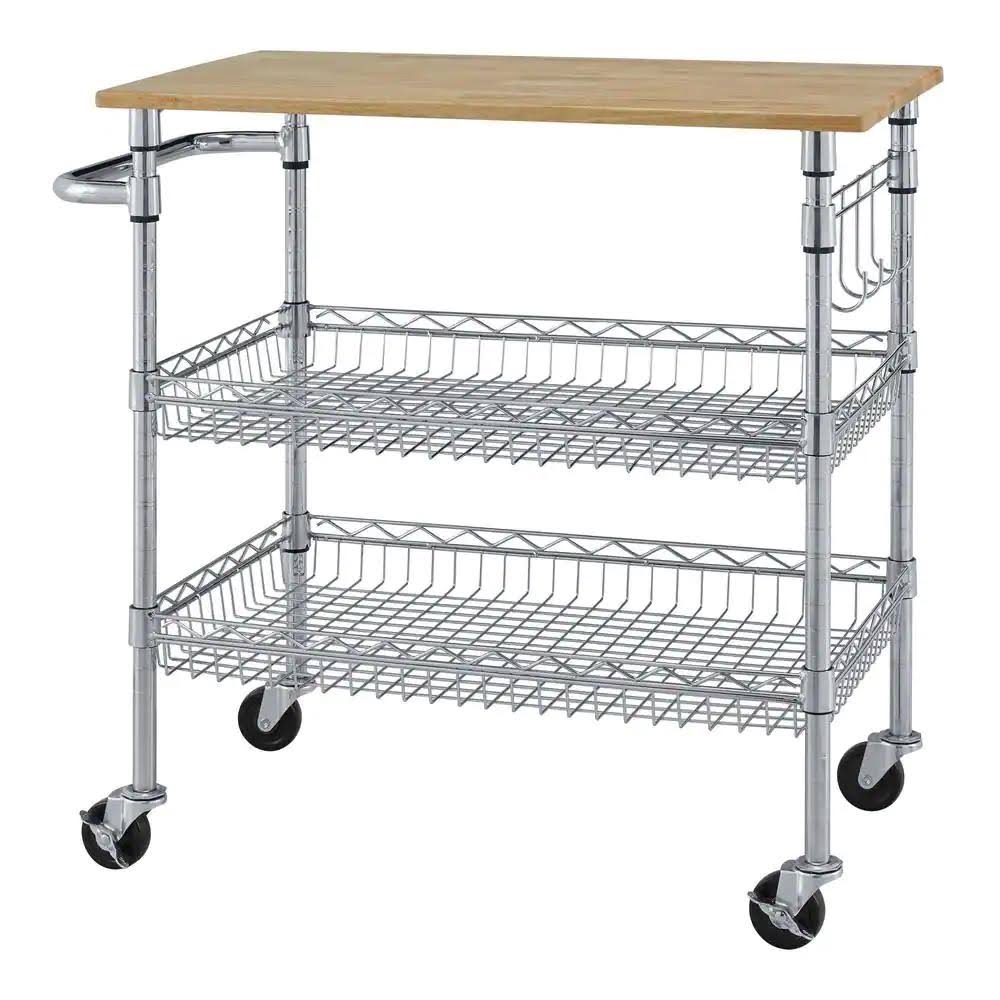 Stylewell Grayson Chrome Metal Kitchen Microwave Cart With Natural Wood Top And Locking Wheels (36 W) L1_ZRB3SJAN